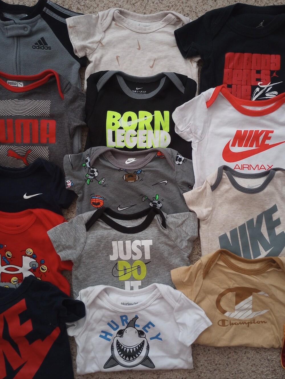 Huge Lot Of Nike Adidas Puma Champion Jordan Under Armour Hurley Baby Onesies - Picture 2 of 15